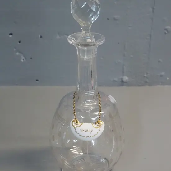 etched crystal stoppered sherry decanter with ceramic label H290 D-110