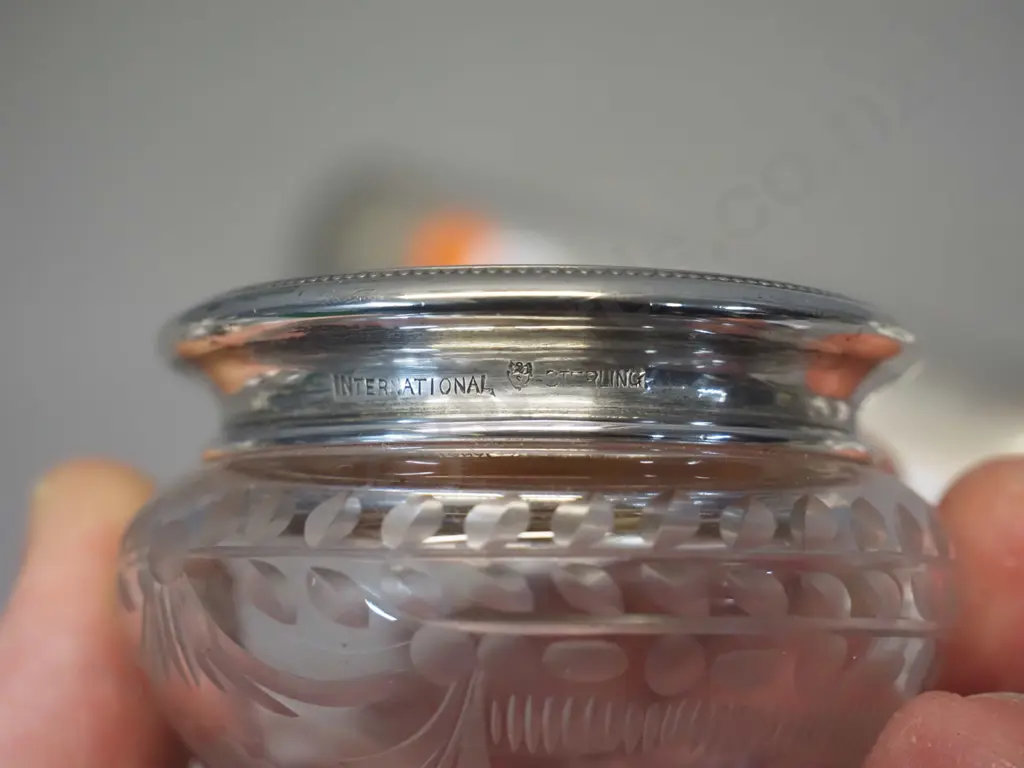 2 monogrammed sterling silver topped dressing table items - clothes brush and lidded cut glass trinket or pot D-60 Image 1++