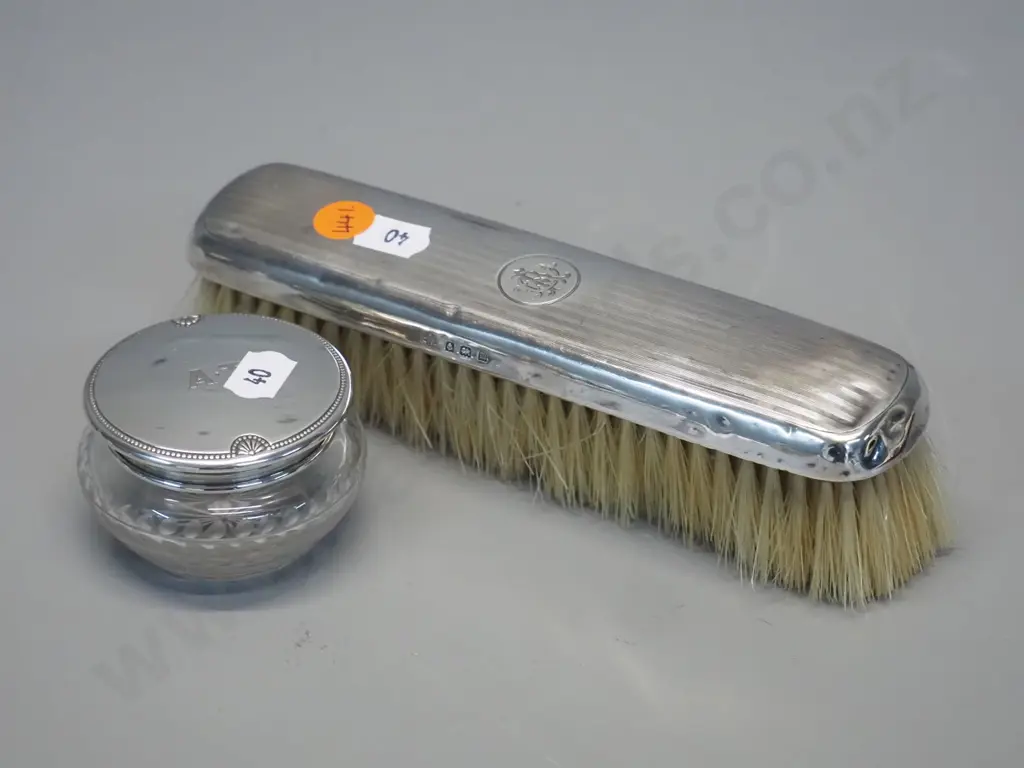 2 monogrammed sterling silver topped dressing table items - clothes brush and lidded cut glass trinket or pot D-60 Image 1++