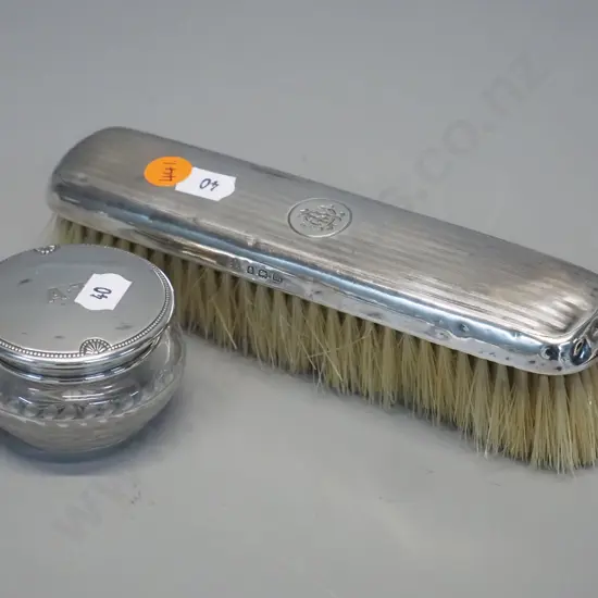 2 monogrammed sterling silver topped dressing table items - clothes brush and lidded cut glass trinket or pot D-60