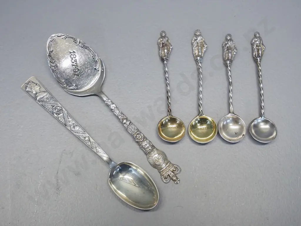 4 small sterling silver apostle spoons, sterling Diamond Jubilee serving spoon, plated 1953 Coronation spoon Image 1++