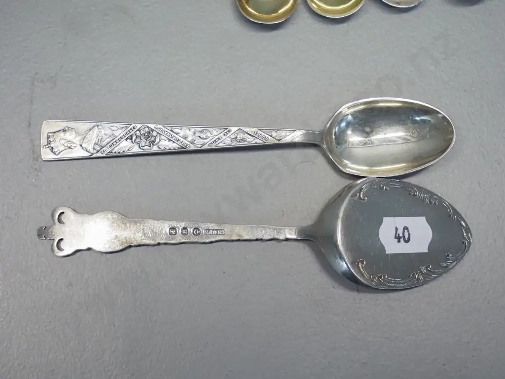 4 small sterling silver apostle spoons, sterling Diamond Jubilee serving spoon, plated 1953 Coronation spoon Image 1++