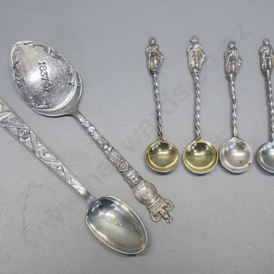 4 small sterling silver apostle spoons, sterling Diamond Jubilee serving spoon, plated 1953 Coronation spoon