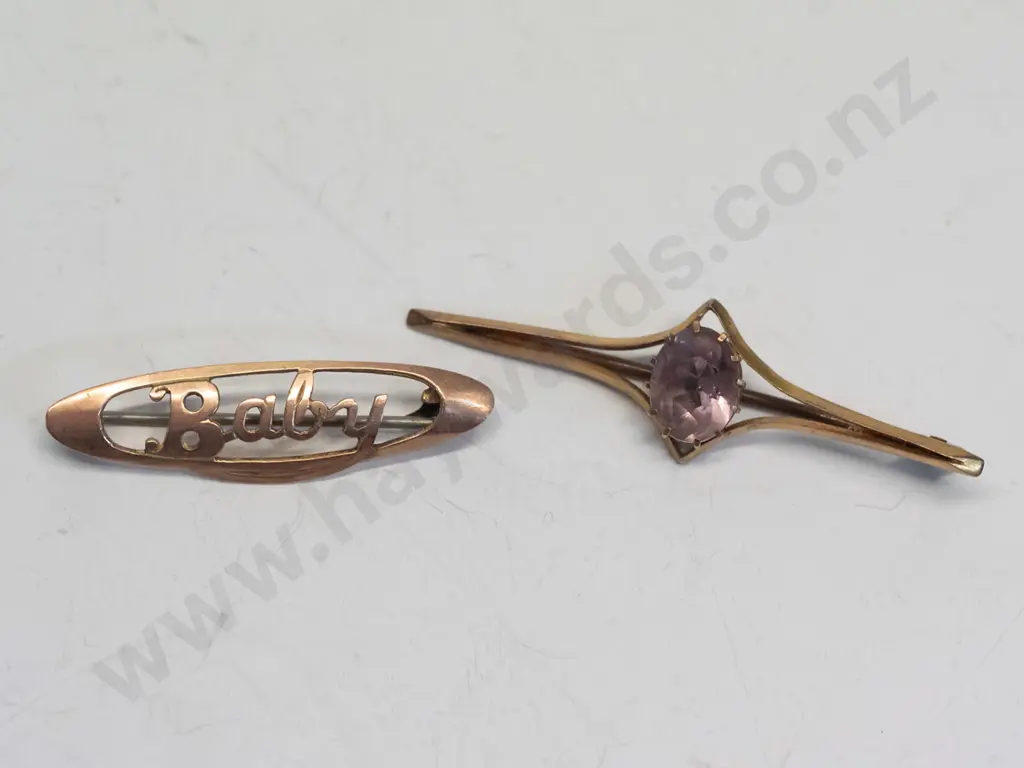 amethyst bar brooch & 'Baby' bar brooch both stamped 9ct Image 1++
