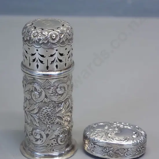 2 relief pattern sterling silver items - snuff or pill box W-50 and a pierced lidded container H-100