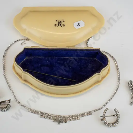 diamante necklace, brooch & 2 pairs of earrings [clip on]
