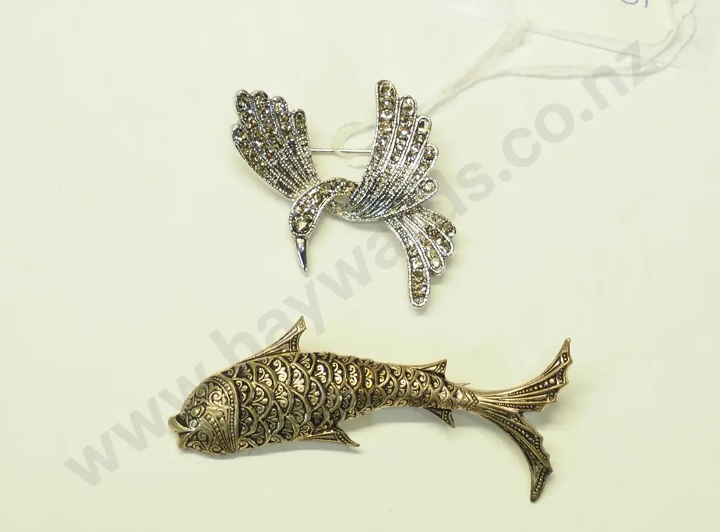 fish brooch [stamped Spain] & bird brooch Image 1++