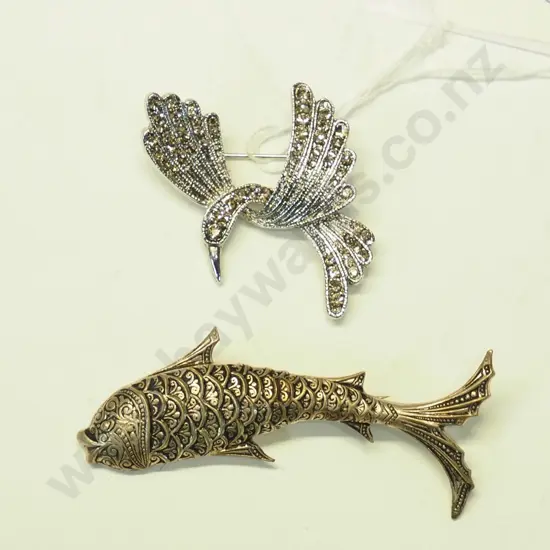 fish brooch [stamped Spain] & bird brooch