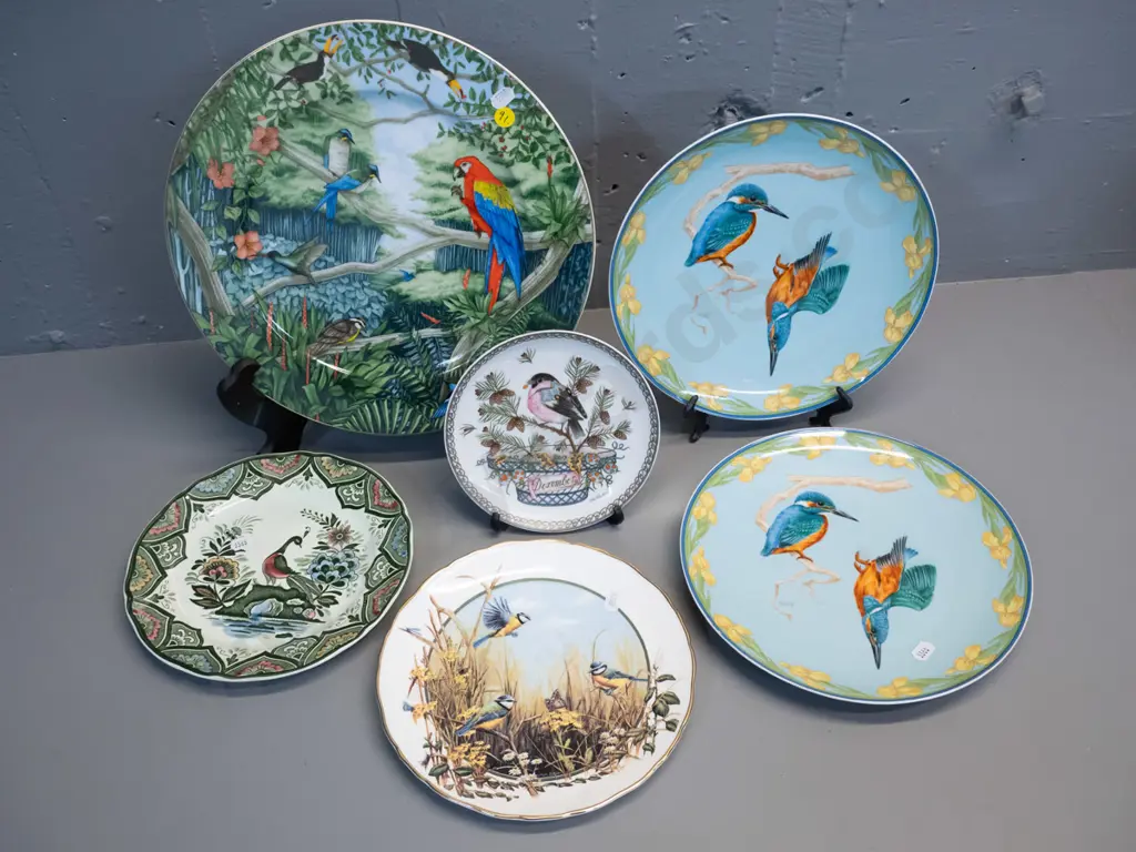 6 bird-themed cabinet plates - 5 German, one Franklin Mint, including large Rosenthal tropical birds D-310 Image 1++