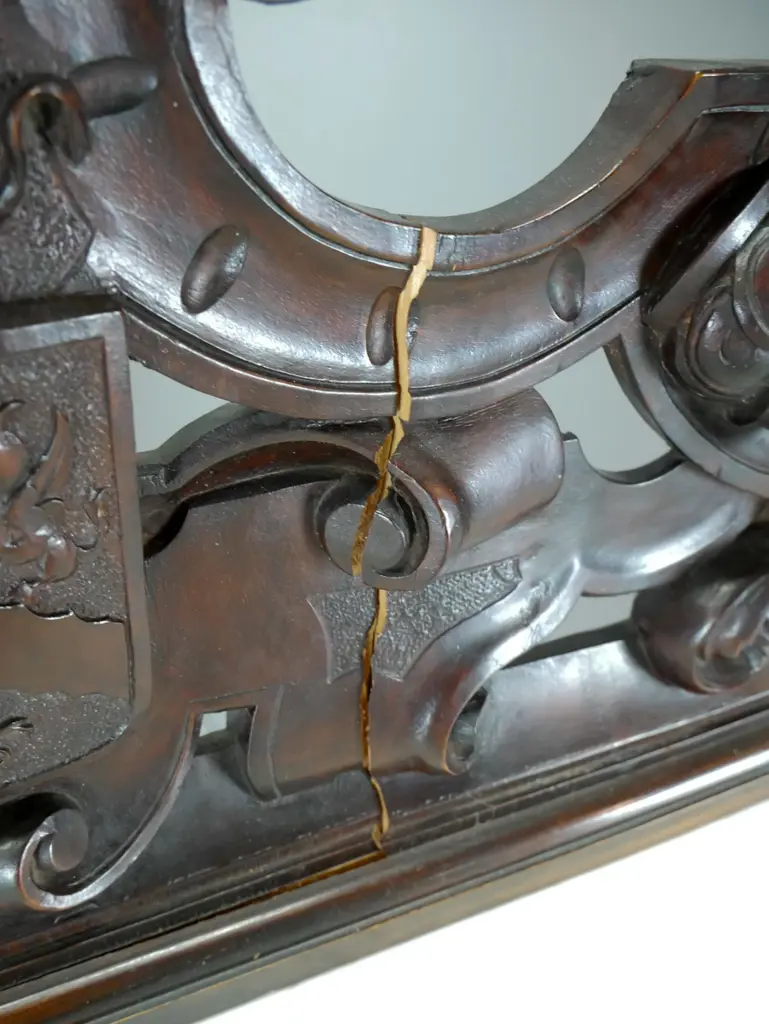 antique heavily carved hall table with gargoyle motifs, marble top - some borer in back, split to upstand and missing Image 1++