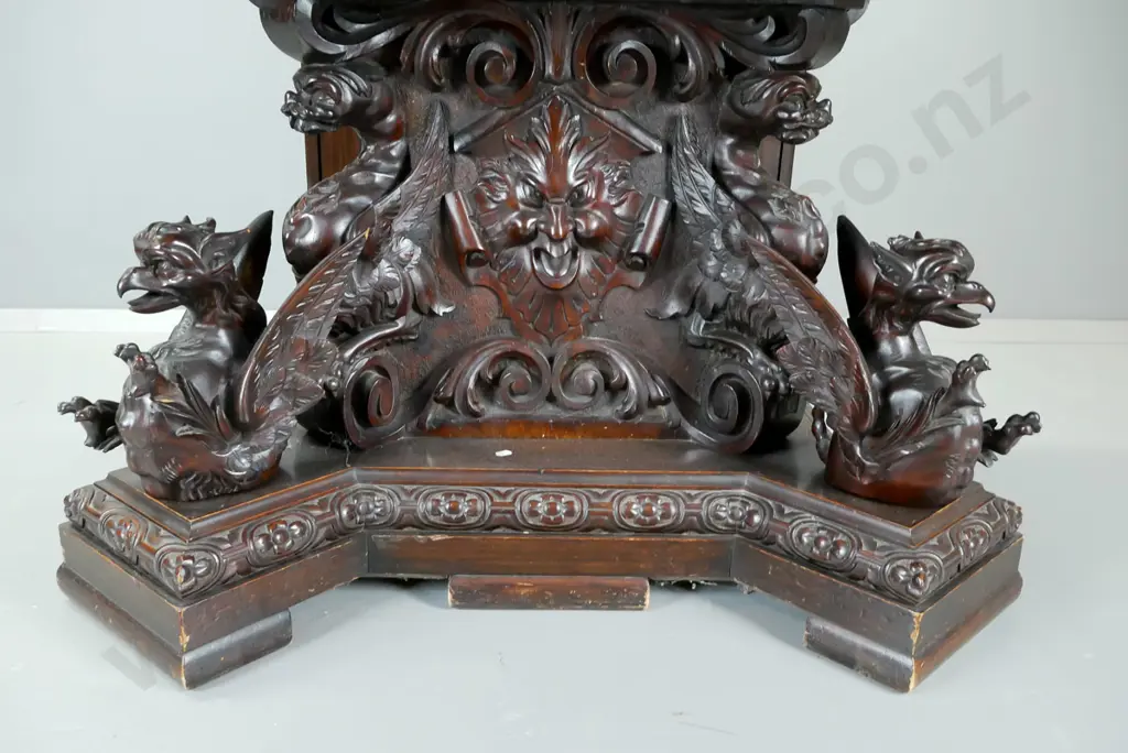 antique heavily carved hall table with gargoyle motifs, marble top - some borer in back, split to upstand and missing Image 1++
