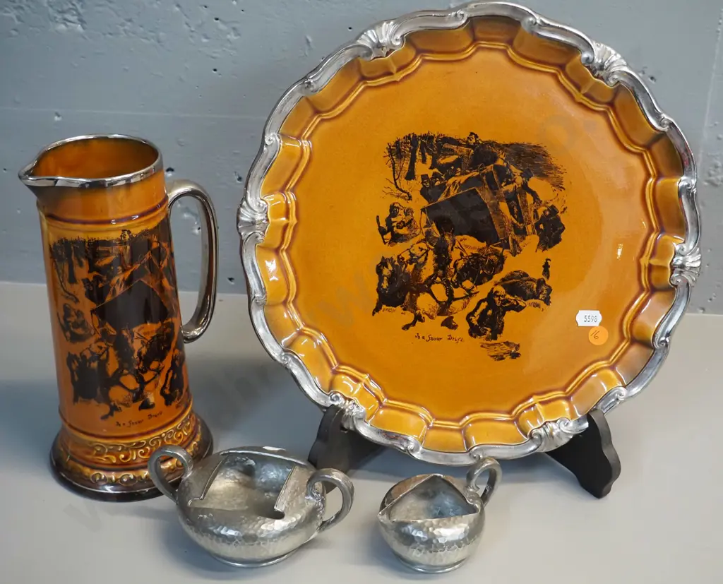 Ridgways snow drift pattern vista ware wall charger D-320 & tall jug and Tudric hammered pewter sugar bowl and jug Image 1++