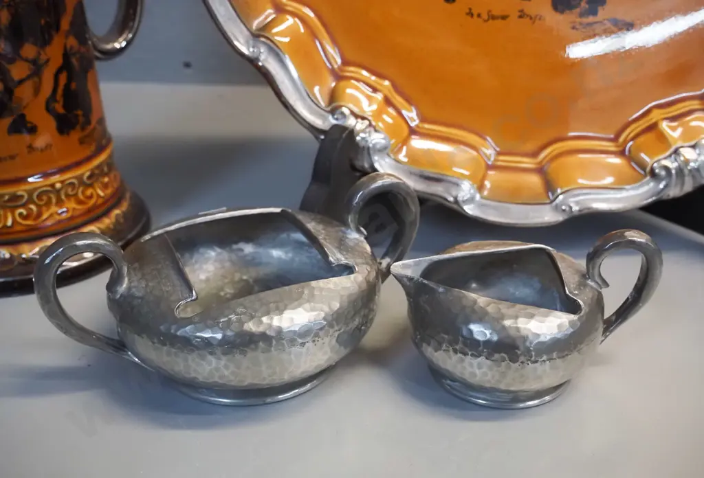 Ridgways snow drift pattern vista ware wall charger D-320 & tall jug and Tudric hammered pewter sugar bowl and jug Image 1++