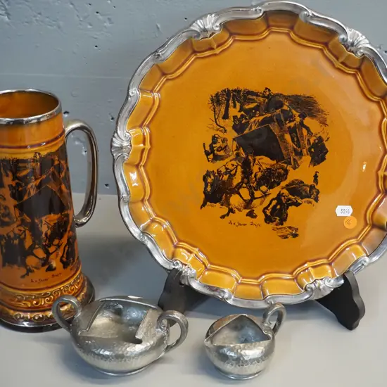Ridgways snow drift pattern vista ware wall charger D-320 & tall jug and Tudric hammered pewter sugar bowl and jug