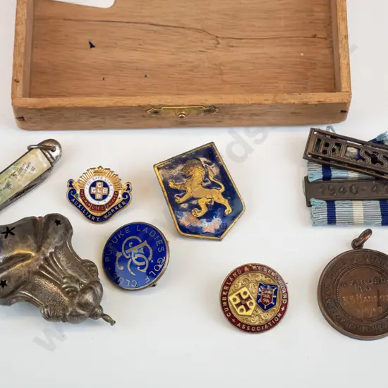 various badges - go;f, girls brigade, life saving, Cumberland Westmorland etc, bell & small pocket knife