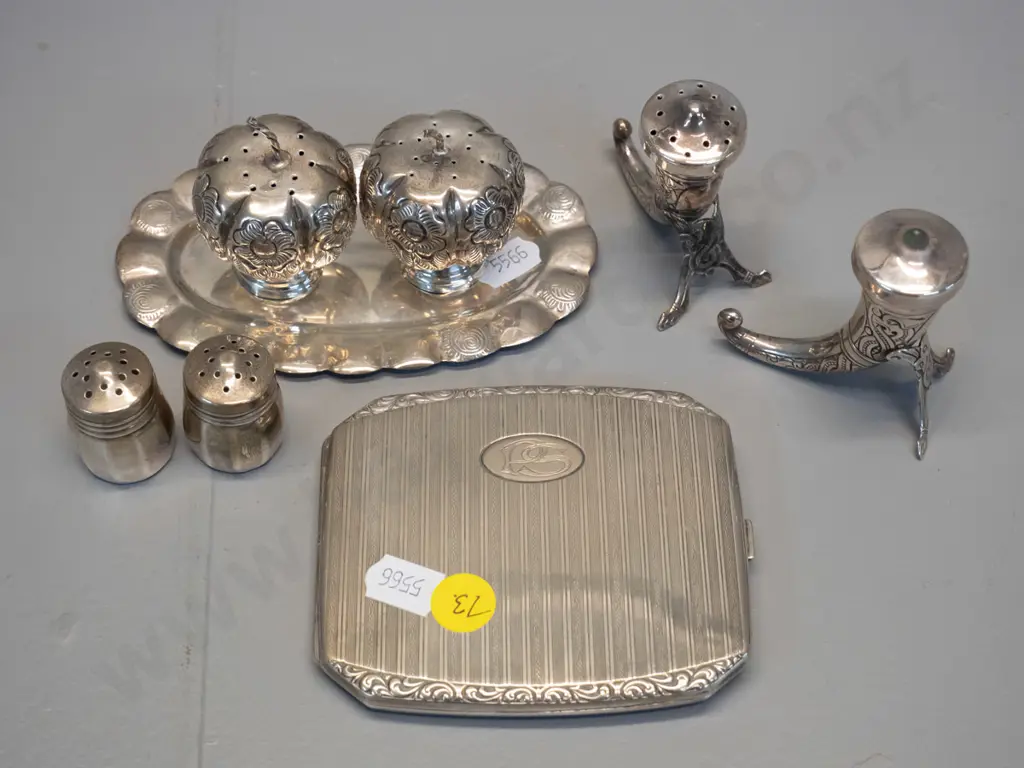 assorted sterling silver items - Mexican relief pattern condiments on tray, horn-shaped salt & pepper marked 830, Image 1++