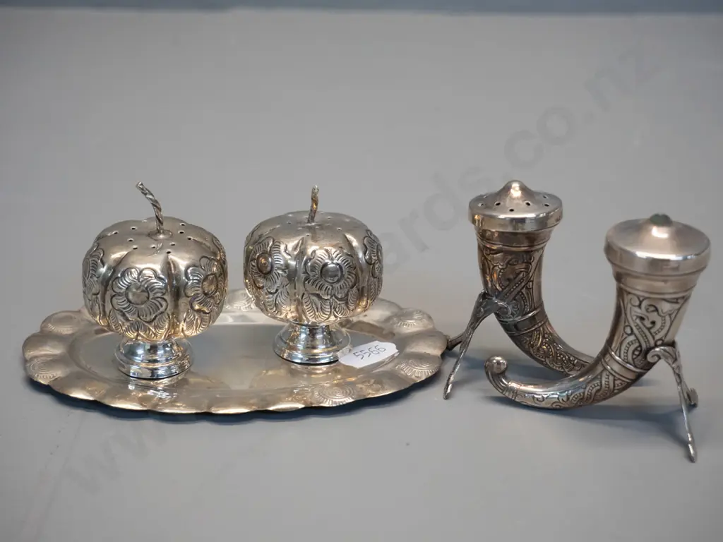 assorted sterling silver items - Mexican relief pattern condiments on tray, horn-shaped salt & pepper marked 830, Image 1++
