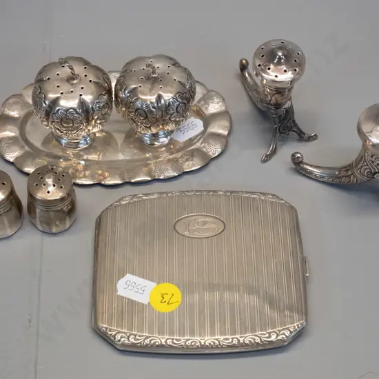 assorted sterling silver items - Mexican relief pattern condiments on tray, horn-shaped salt & pepper marked 830,