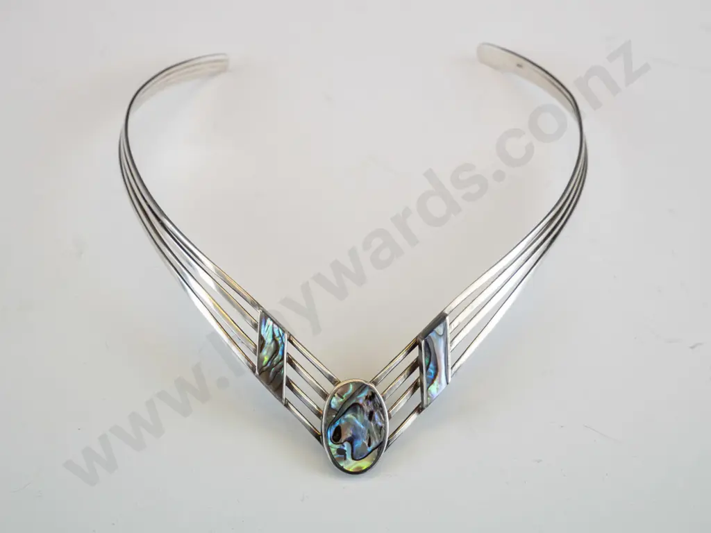 silver cuff necklace with paua shell stamped 925 Image 1++