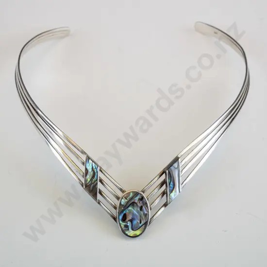 silver cuff necklace with paua shell stamped 925