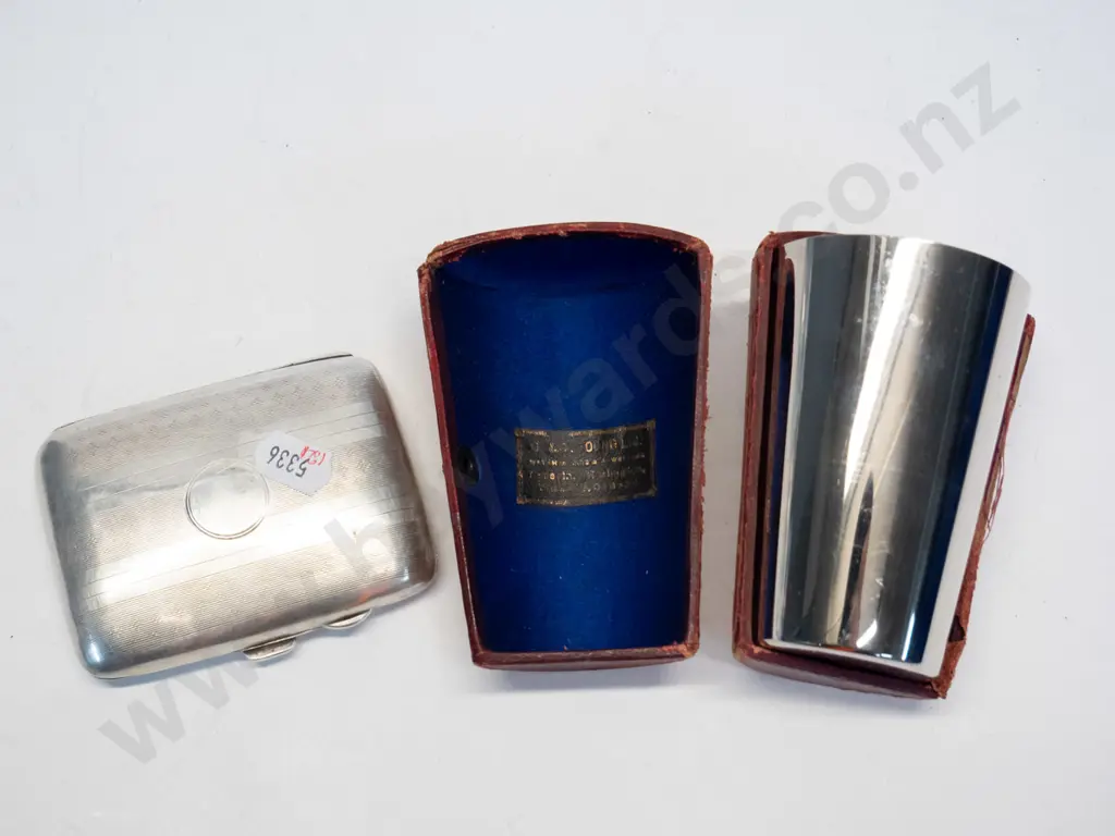 3 silver mugs in case marked WMF[case broken] & small silver cigarette case marked Anchor, lion & S Image 1++