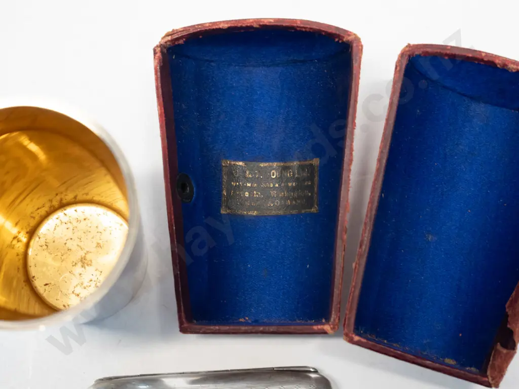3 silver mugs in case marked WMF[case broken] & small silver cigarette case marked Anchor, lion & S Image 1++