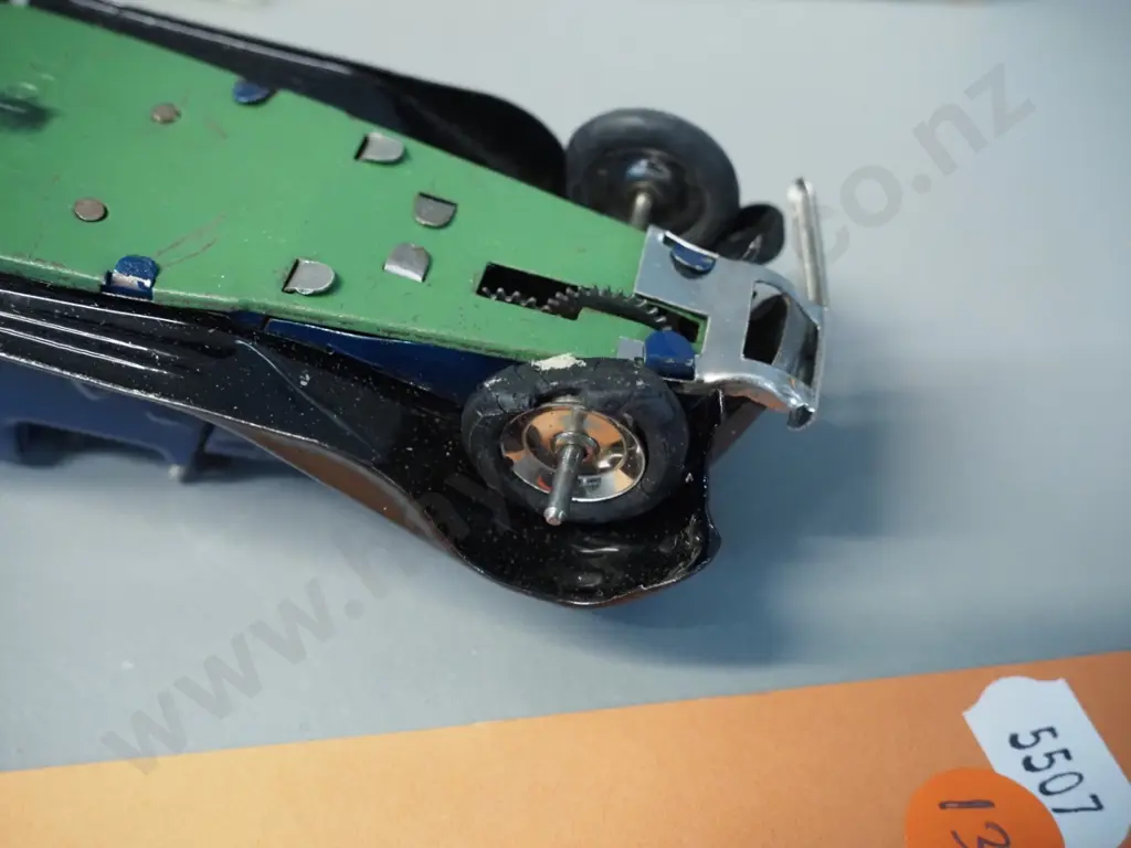 wind-up Triang Minic Vauxhall Tourer model car with key & 4 Matchbox small die-cast vehicles - 2 tractors, 2 Superfast. Image 1++