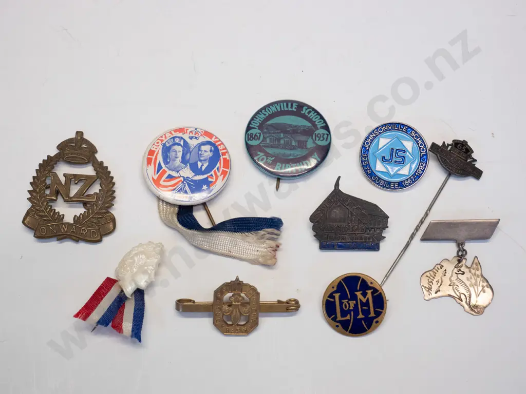 assorted badges - 2 NZ badges, Maori pa, 2 Johnsonville school, 2 royal, 1 Australia & L of M Image 1++
