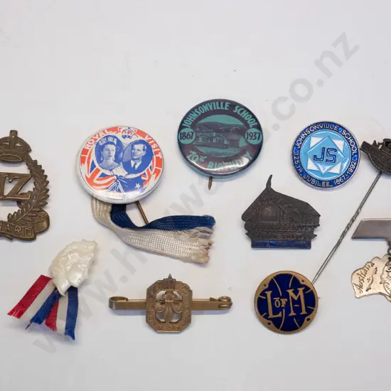 assorted badges - 2 NZ badges, Maori pa, 2 Johnsonville school, 2 royal, 1 Australia & L of M