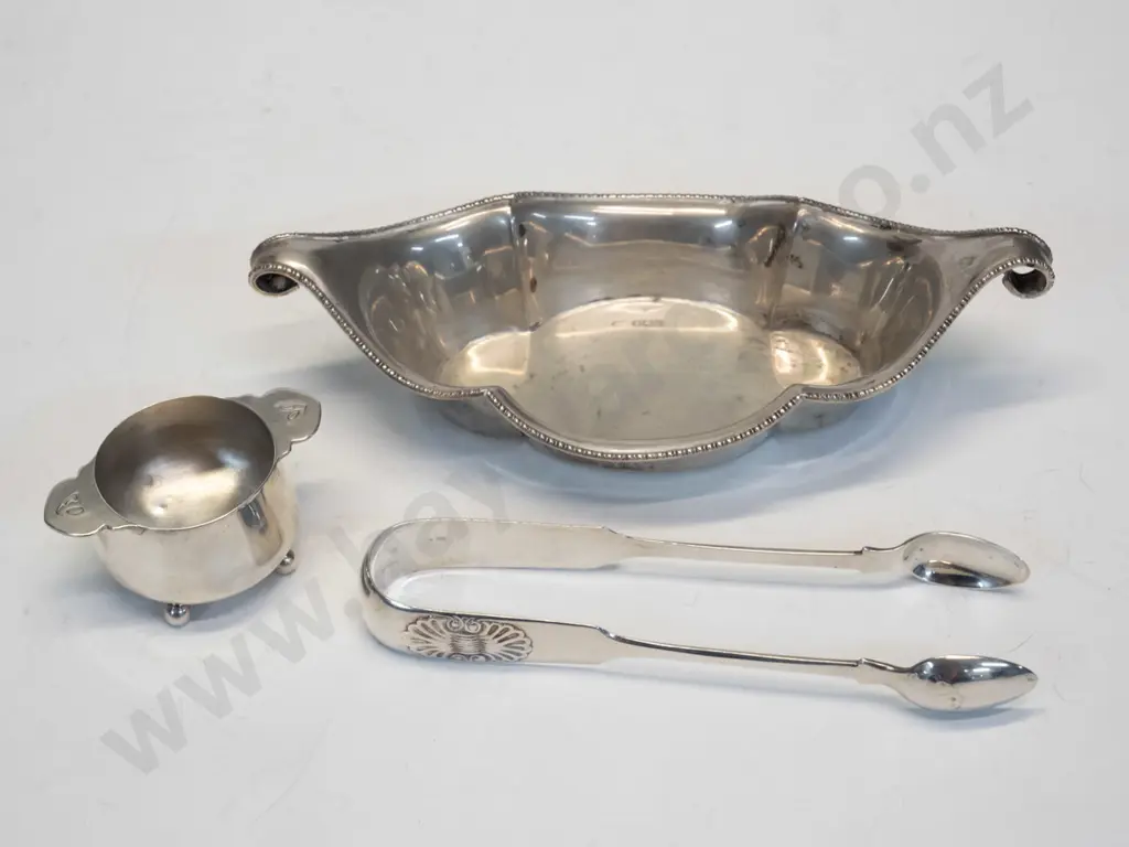 silver dish [crown, lion, b], small dish [anchor, lion, f,] silver tongs [queen,lion, P] Image 1++