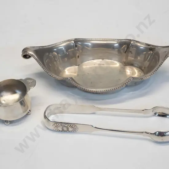 silver dish [crown, lion, b], small dish [anchor, lion, f,] silver tongs [queen,lion, P]