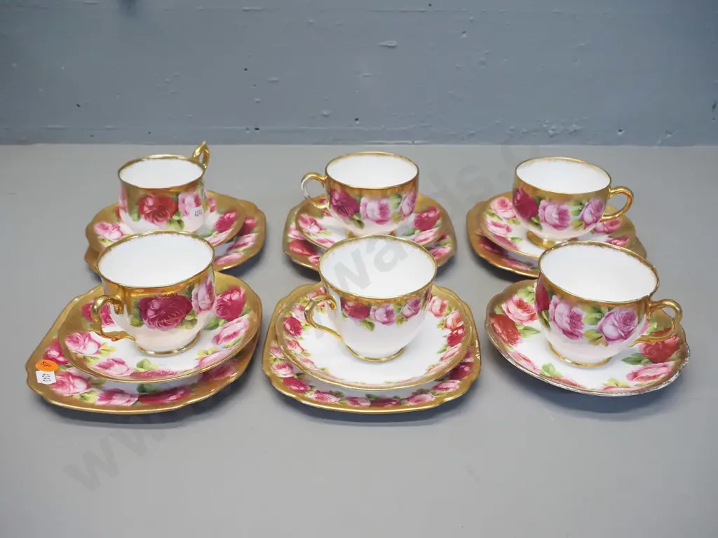 collection of Old English Rose heavily gilded teaware - 5 trios and 1 cup & saucer Image 1++