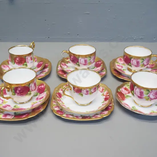 collection of Old English Rose heavily gilded teaware - 5 trios and 1 cup & saucer