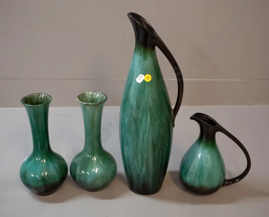 4 pieces Blue Mountain pottery - 2 ewer jugs, taller is H-400 and two vases, not quite a matching pair Image 1++
