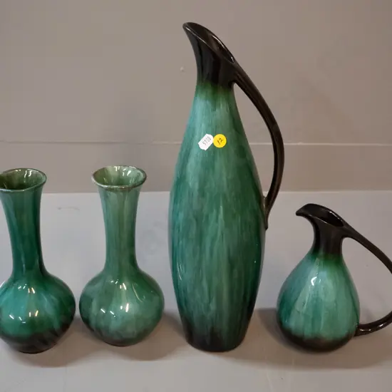 4 pieces Blue Mountain pottery - 2 ewer jugs, taller is H-400 and two vases, not quite a matching pair