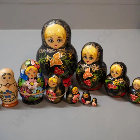 3 sets of Russian wooden nesting dolls - some are very tight fitting. Largest is H-140
