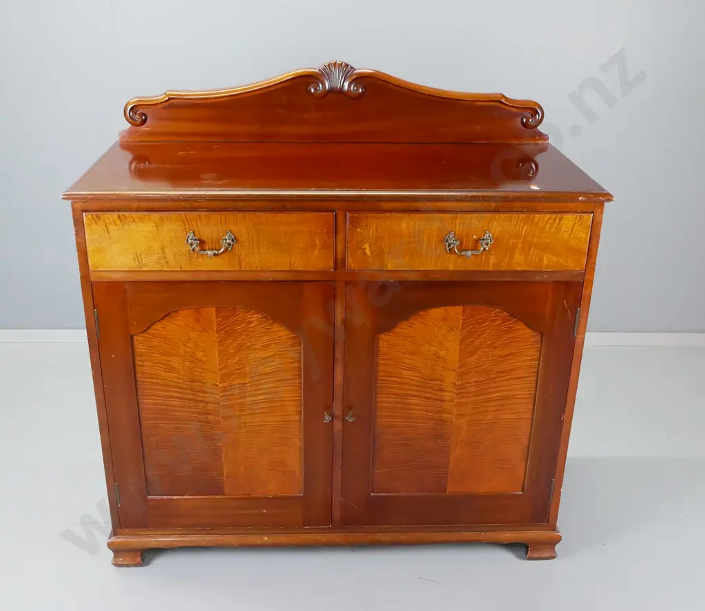 vintage mahogany chiffonier with shell motif carved back, mottled veneer fronts - 2 drawer, 2 door, escutcheons w/ keys Image 1++