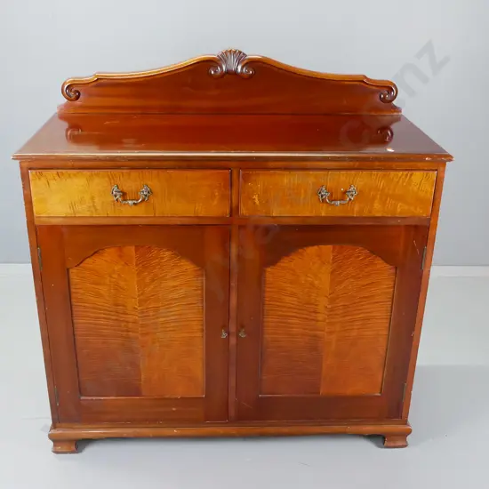 vintage mahogany chiffonier with shell motif carved back, mottled veneer fronts - 2 drawer, 2 door, escutcheons w/ keys