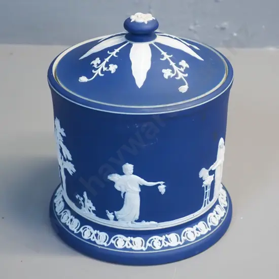 early Adams dark blue jasperware biscuit barrel H-190 D-150