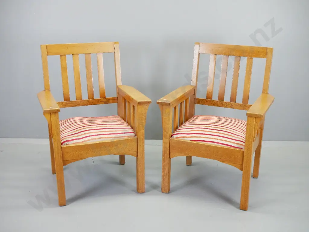pair of arts & crafts style oak framed occasional armchairs with seats upholstered in striped chenille H950 W665 D580 Image 1++