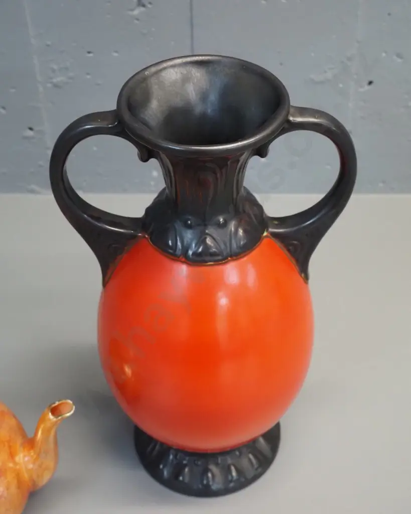 Grimwades Kookaburra pattern teapot and an orange & black handled vase marked Czechoslovakia H310 W180 Image 1++