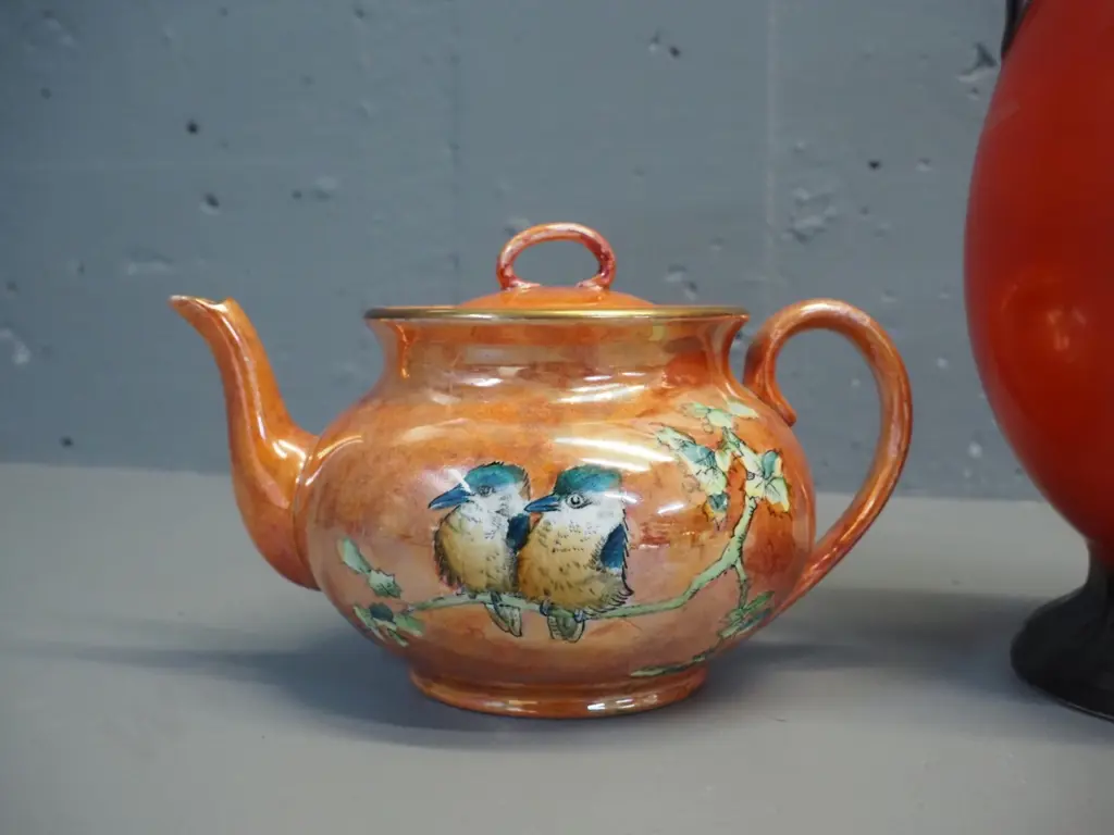 Grimwades Kookaburra pattern teapot and an orange & black handled vase marked Czechoslovakia H310 W180 Image 1++