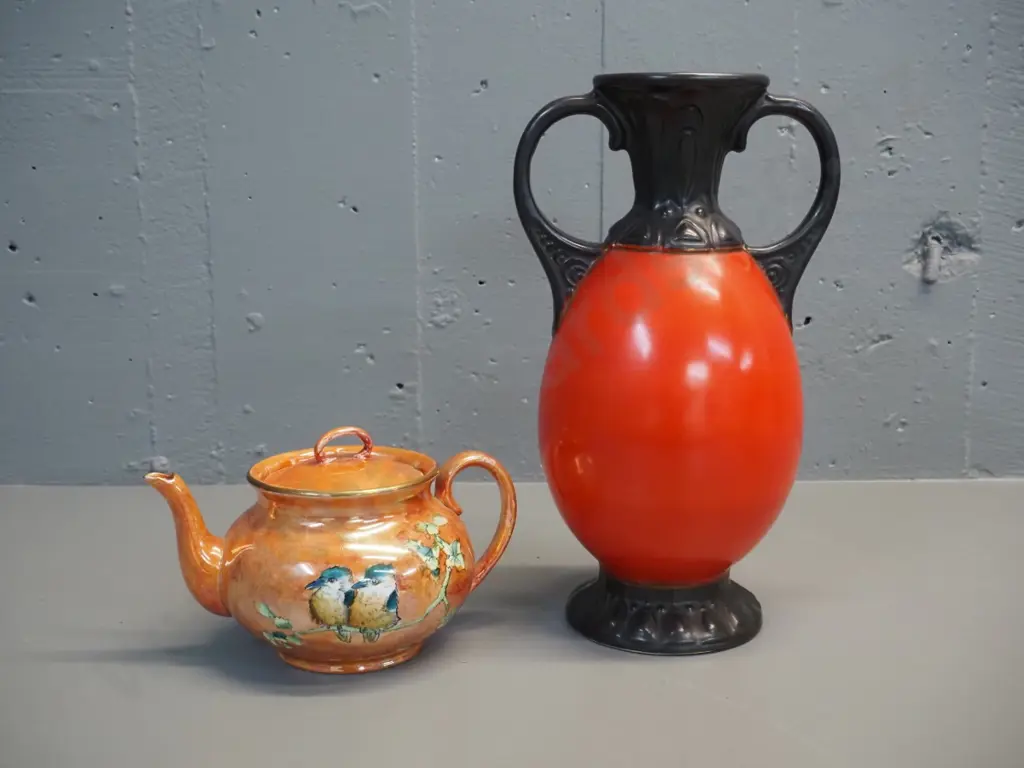 Grimwades Kookaburra pattern teapot and an orange & black handled vase marked Czechoslovakia H310 W180 Image 1++