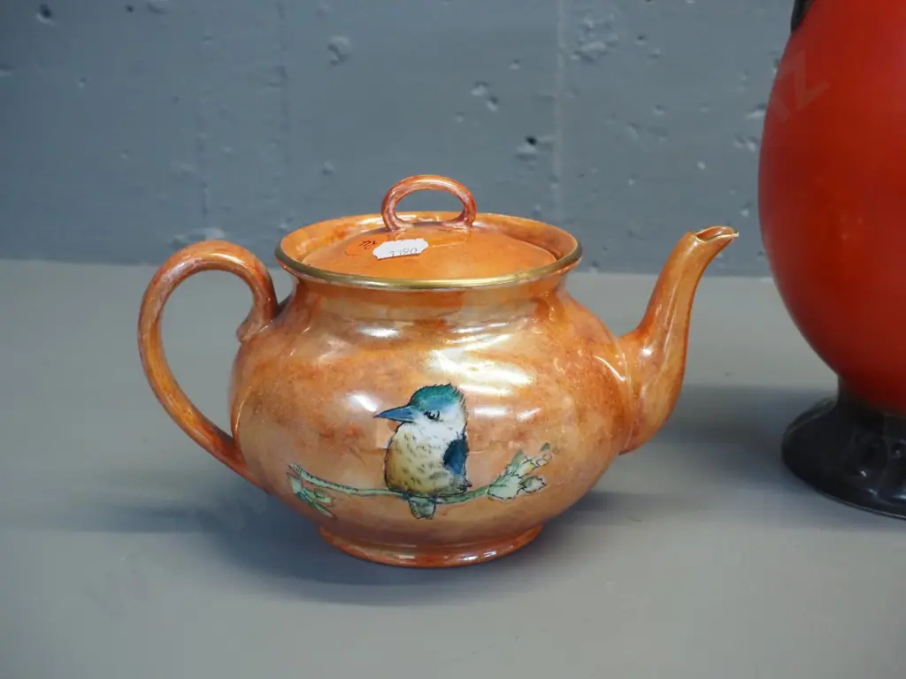 Grimwades Kookaburra pattern teapot and an orange & black handled vase marked Czechoslovakia H310 W180 Image 1++