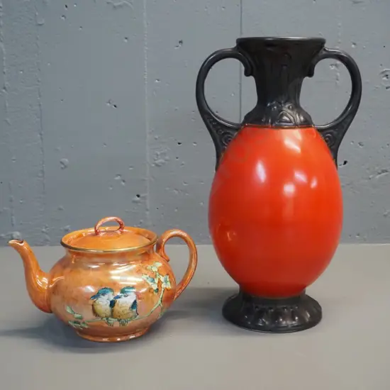 Grimwades Kookaburra pattern teapot and an orange & black handled vase marked Czechoslovakia H310 W180