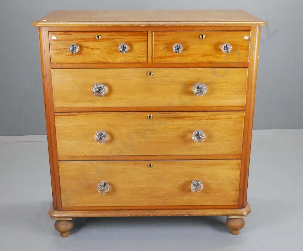 vintage kauri 5-drawer Scotch chest with ball feet, replacement glass knobs, brass escutcheons, no key, polish needs Image 1++