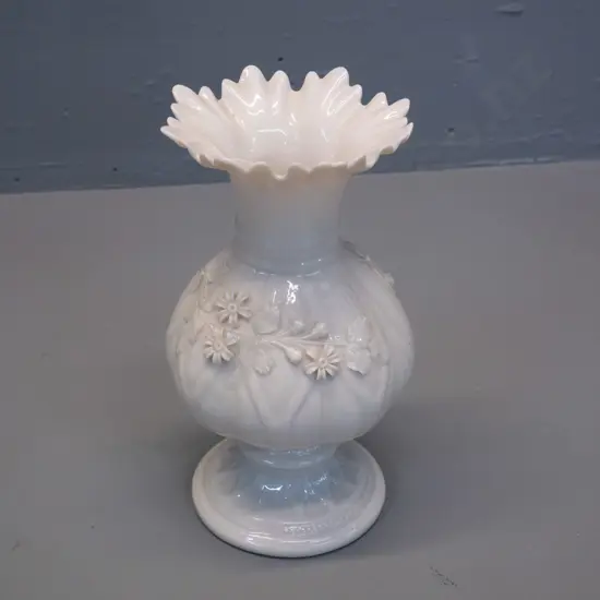 Belleek green mark ornate floral relief pattern jug H-200 D-110