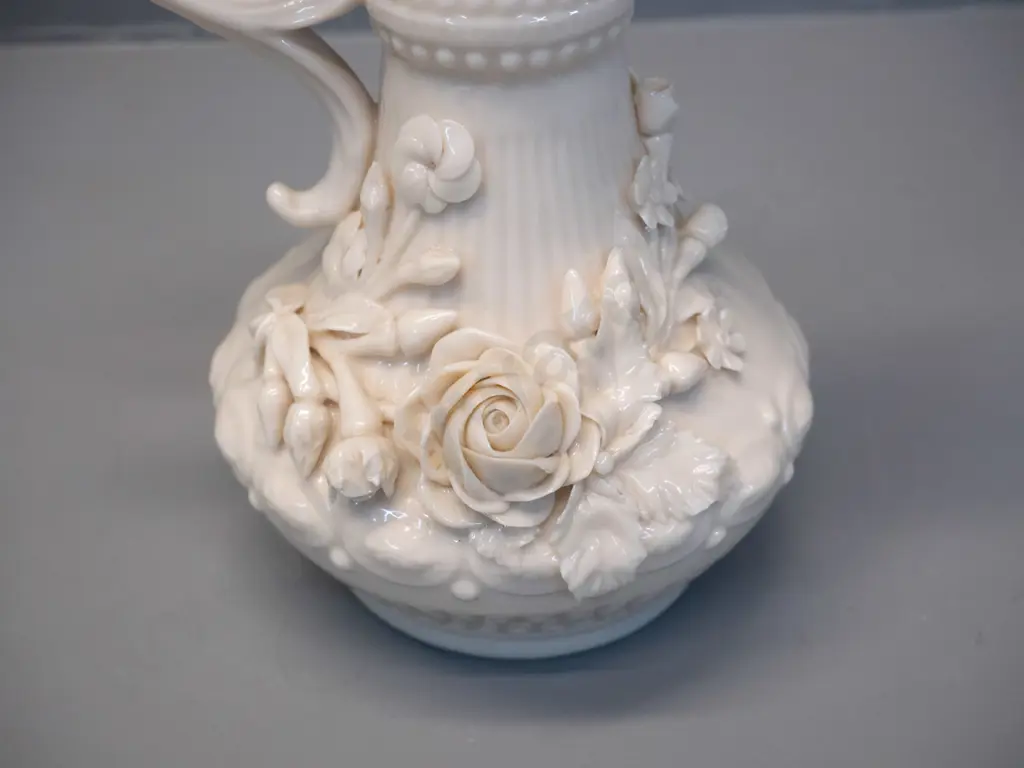 Belleek green mark ornate floral relief pattern jug H-190 W-130 Image 1++