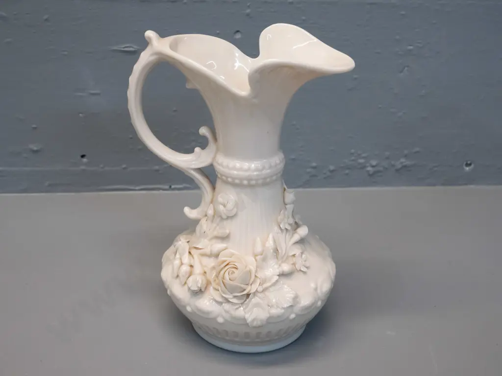 Belleek green mark ornate floral relief pattern jug H-190 W-130 Image 1++