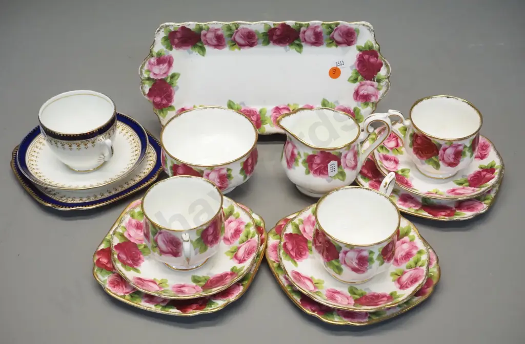 Royal Albert Old English Rose teaware - 3 trios, cream & sugar, sandwich plate, and another Royal Albert trio Image 1++